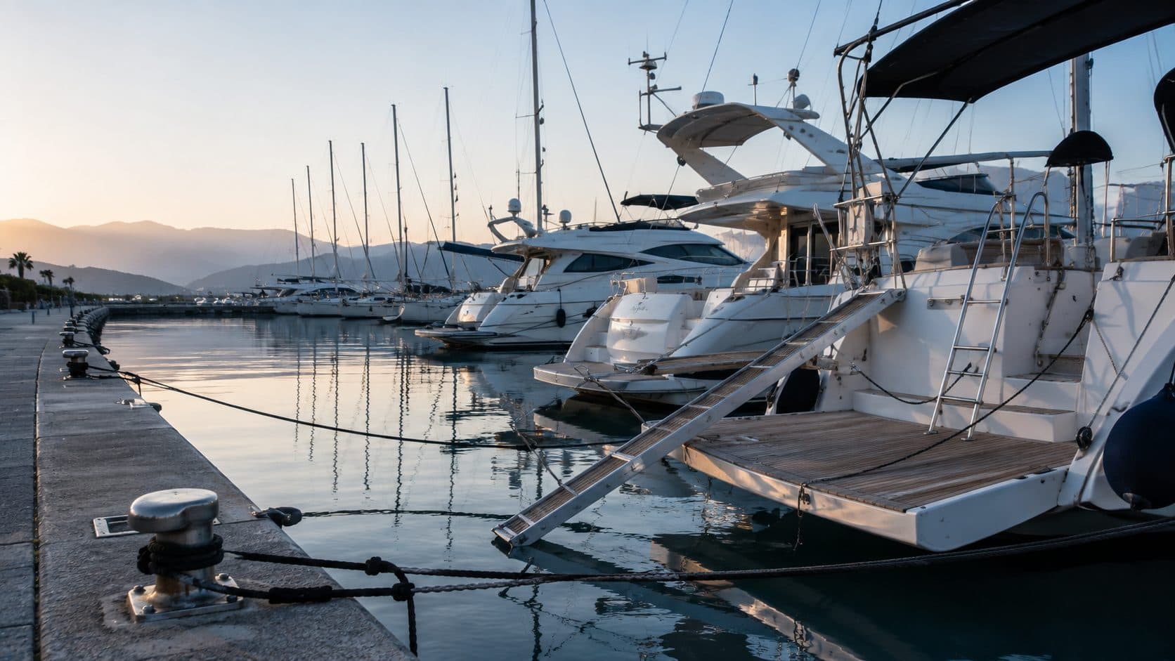 Marinada kıçtan bağlı yatlar ve iskele